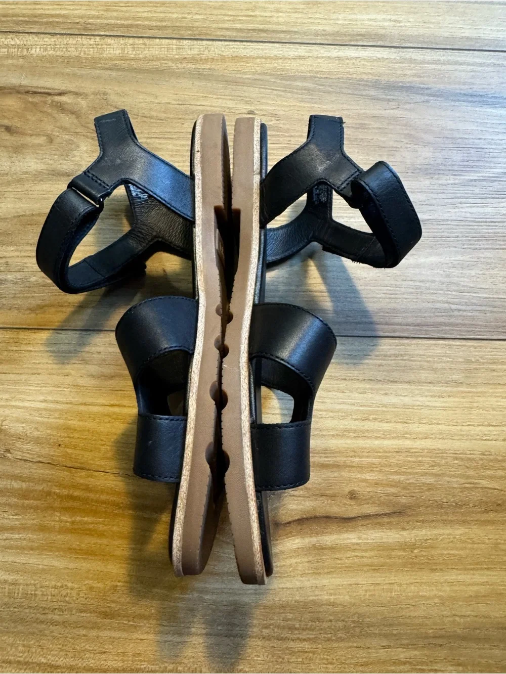 Sorel Black Faux Leather Two-Strap Velcro Ankle Sandals